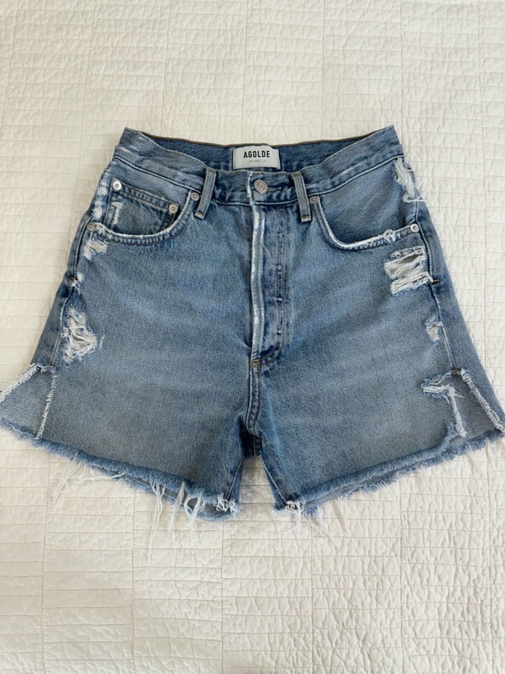 Agolde Distressed Dee 24 Light Blue High-Rise Denim Shorts - Picture 2 of 9